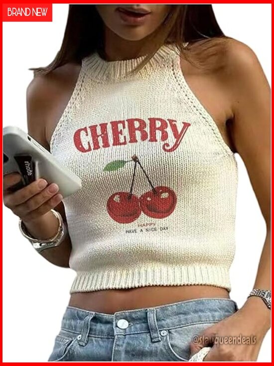 Tops - Women's Halter Neck Knit Crop Top Sleeveless Summer Tank Y2k Cherry
